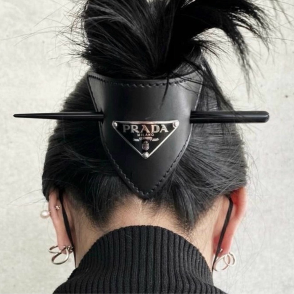 Prada Black Leather Triangle Logo Hair Slide with Pin